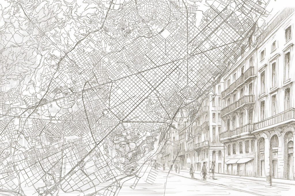 Mapa urbano con fachadas — diseño completo
