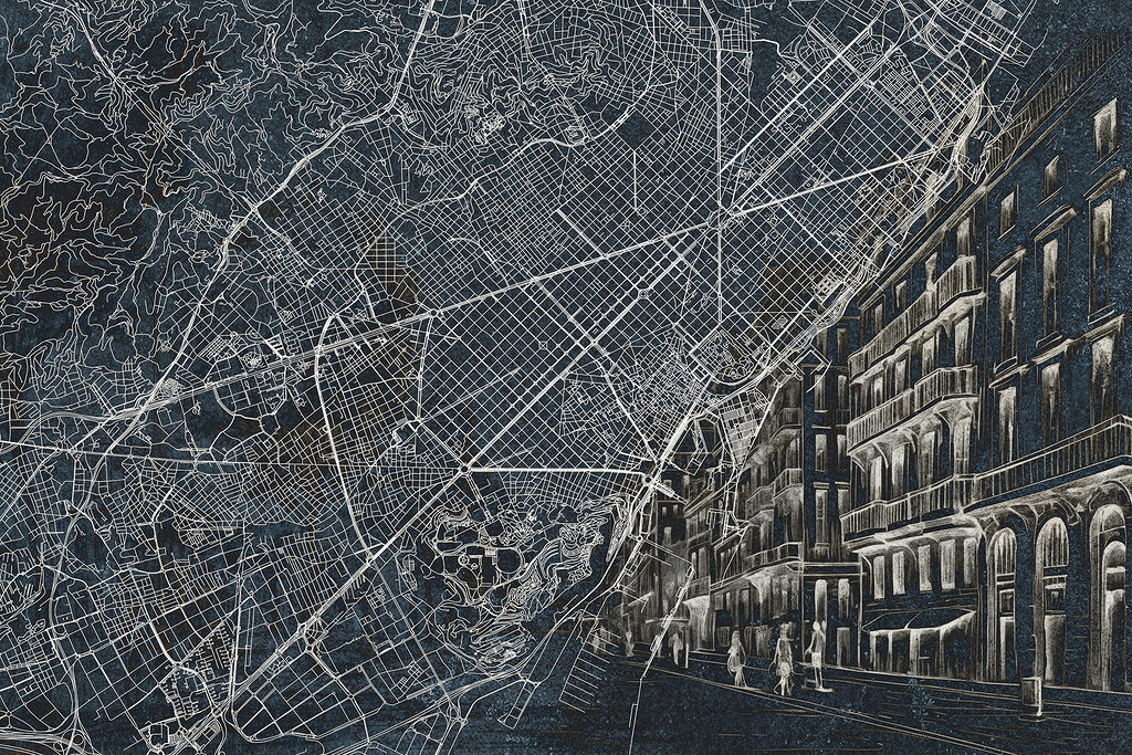 Mapa urbano con fachadas — diseño completo