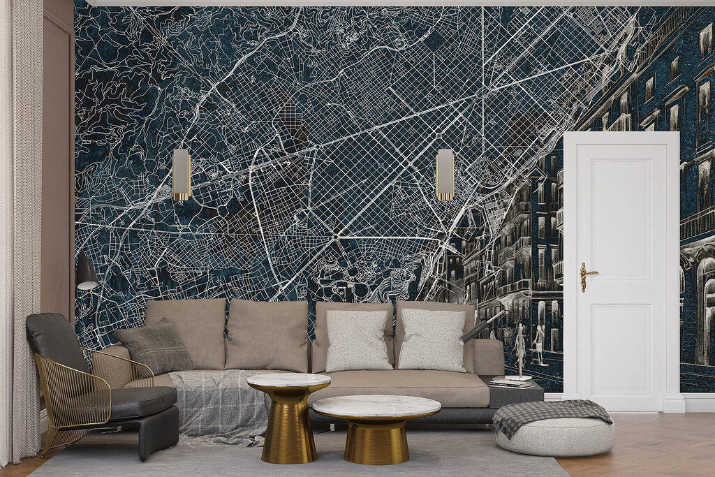 Mapa urbano con fachadas en un interior
