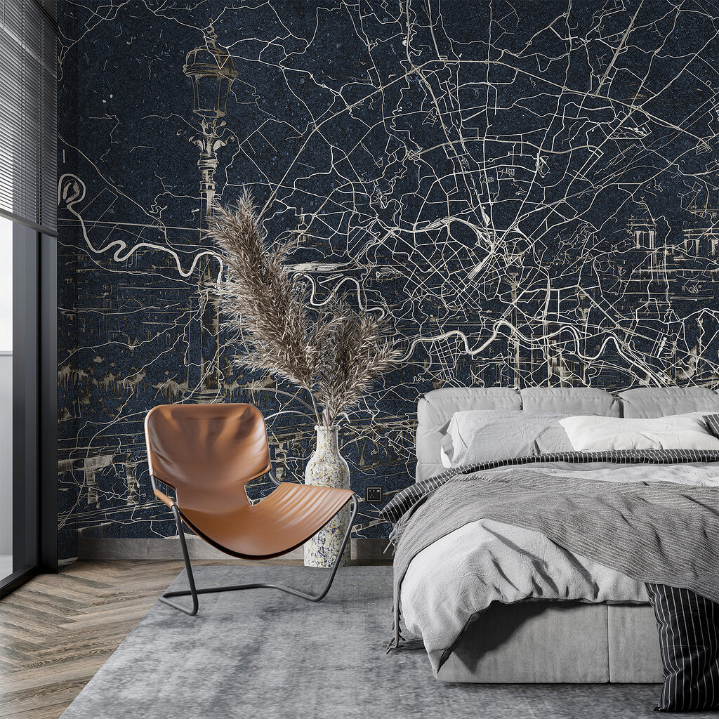 Mapa urbano con río en un interior