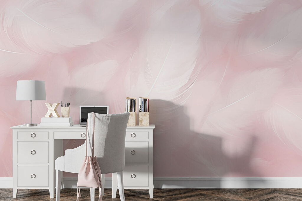 Plumas blancas sobre rosa — interior 1