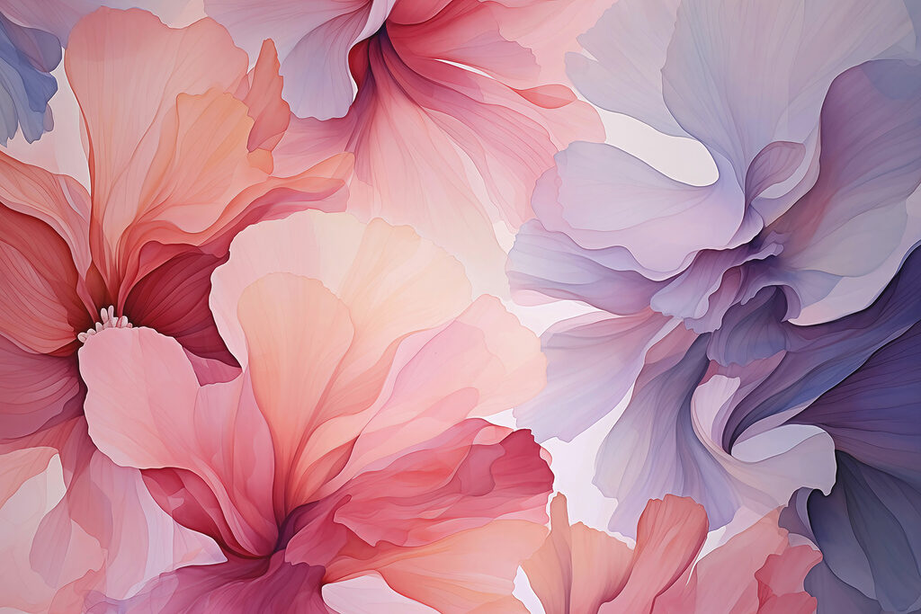Flores rosas, bordes lila — diseño completo