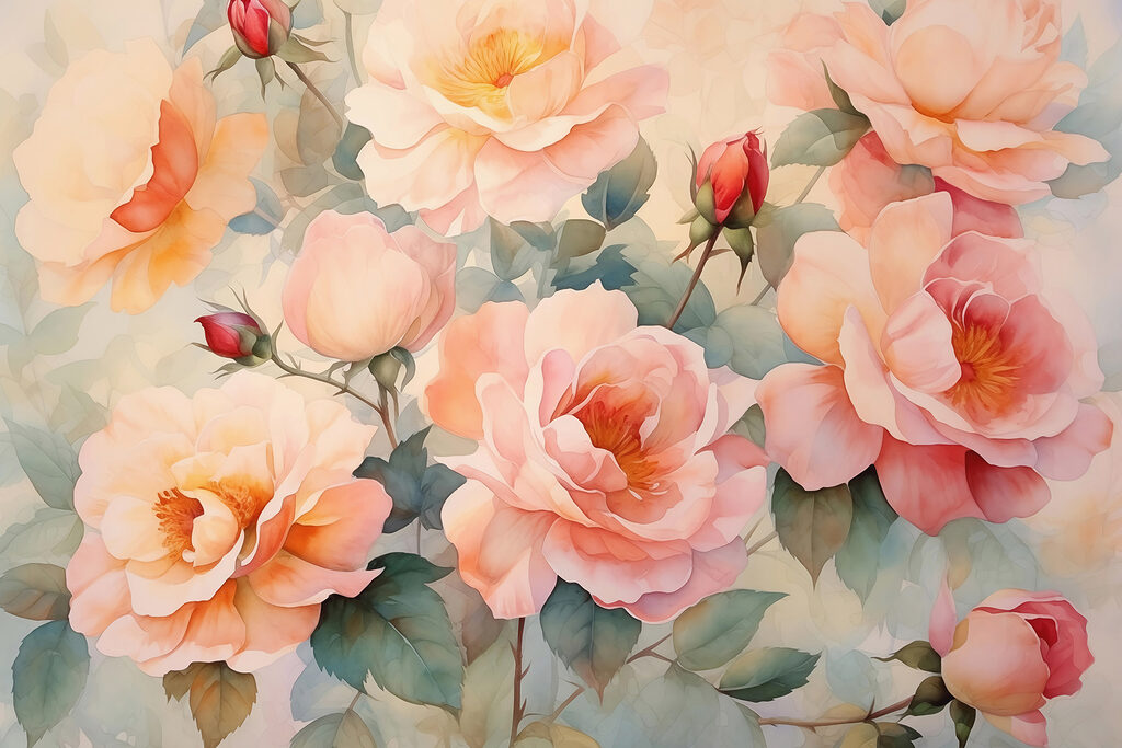 Rosas melocotón sobre hojas — diseño completo