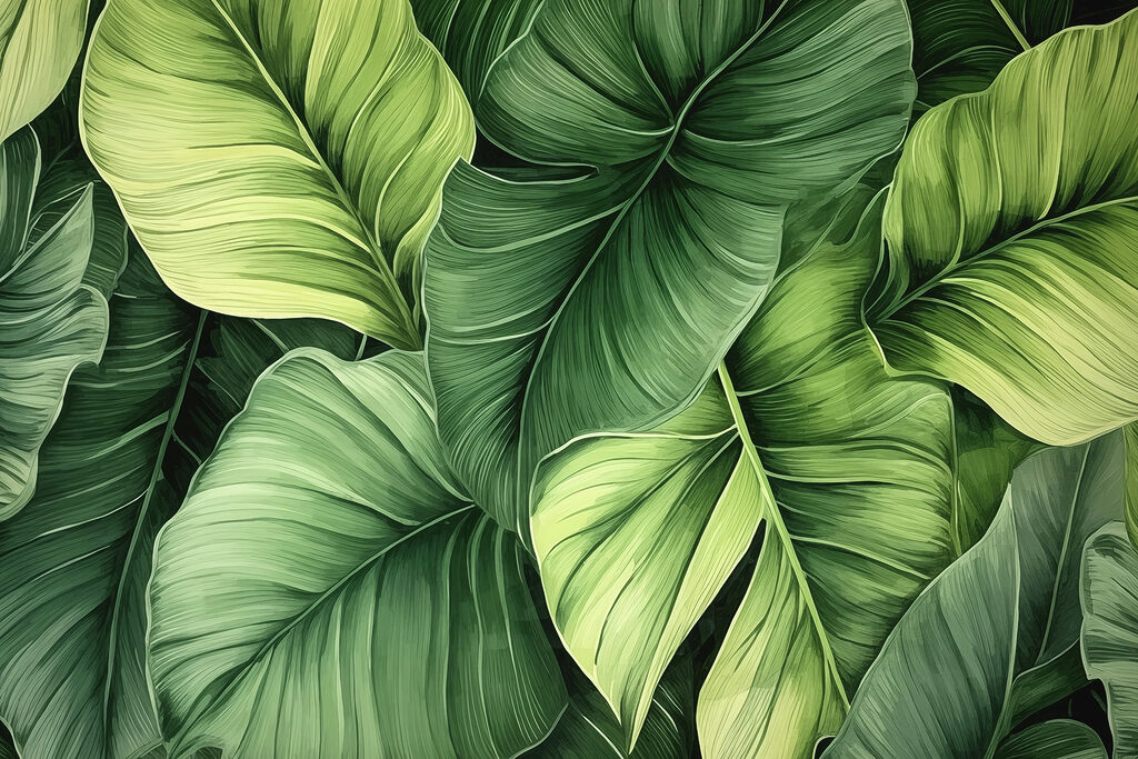 Hojas verdes, pliegues profundos — diseño completo