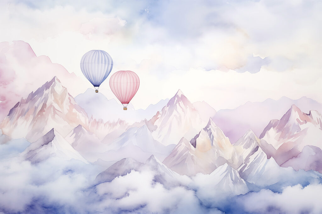 Dos globos sobre montañas — diseño completo
