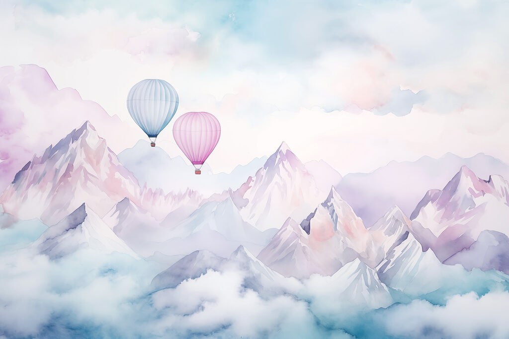 Dos globos sobre montañas — diseño completo