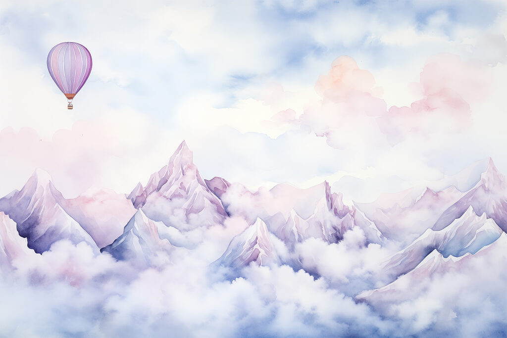 Globo lila sobre cumbres — diseño completo
