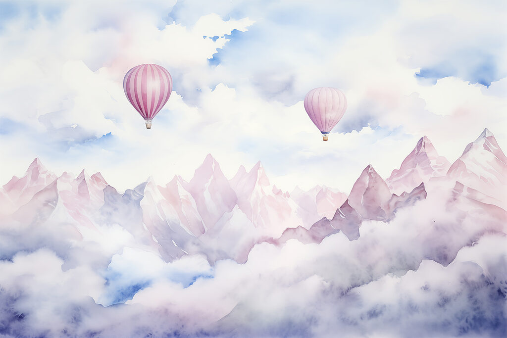 Globos rosas sobre montañas — diseño completo