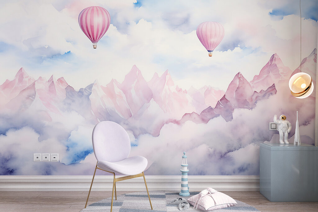 Globos rosas sobre montañas en un interior