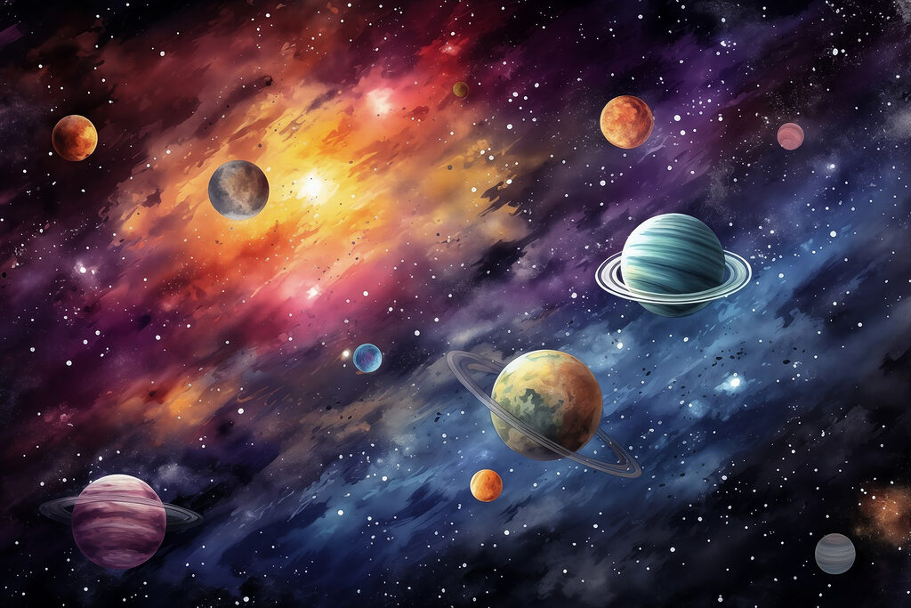 Planetas entre nebulosas — diseño completo