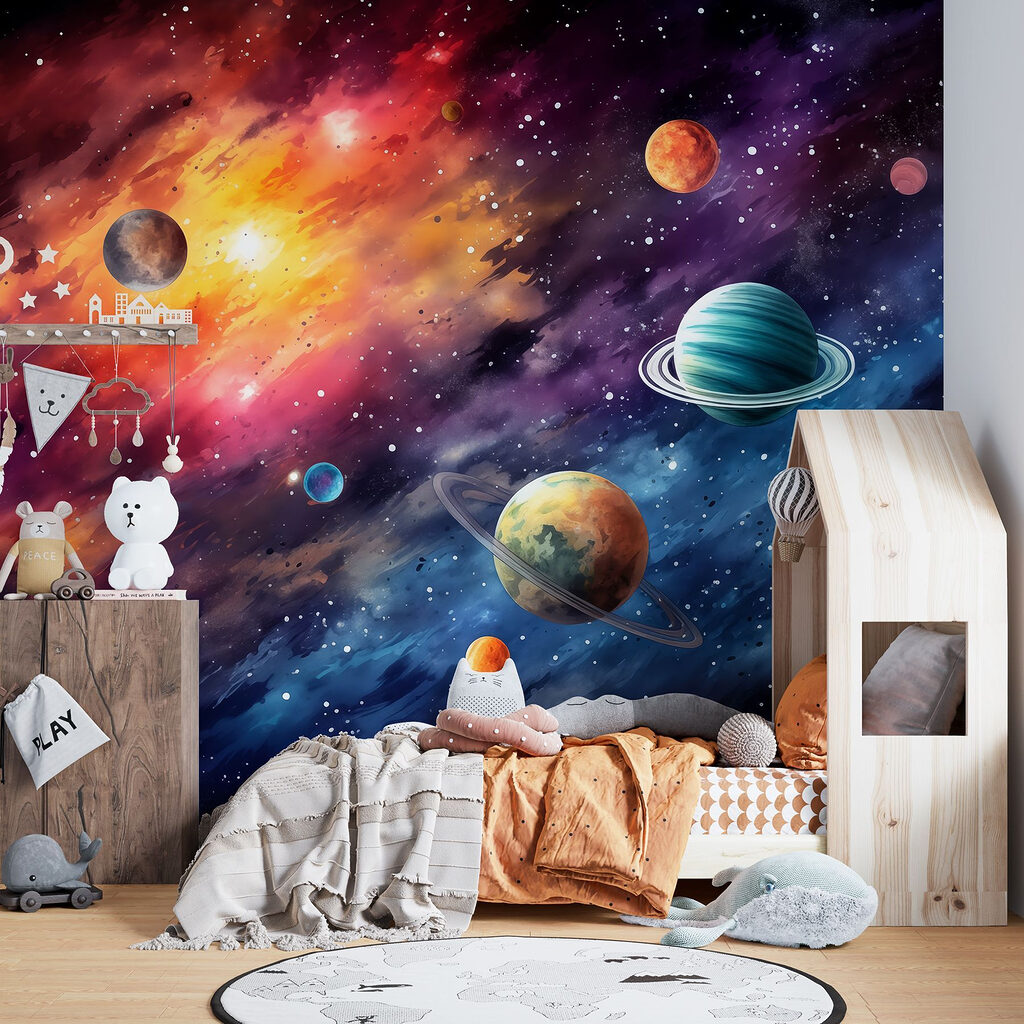Planetas entre nebulosas en un interior