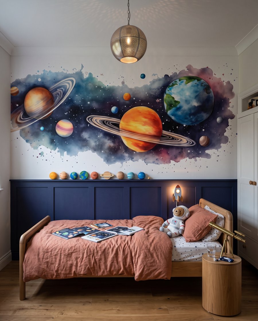 Planetas sobre pintura en un interior