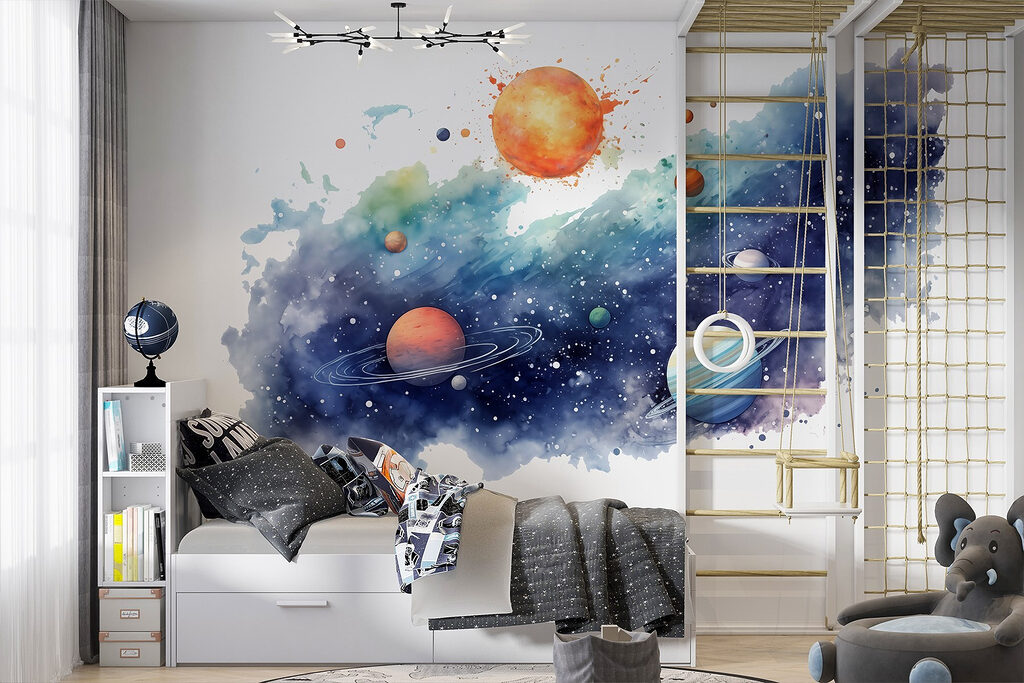 Sol sobre estrellas pintadas en un interior