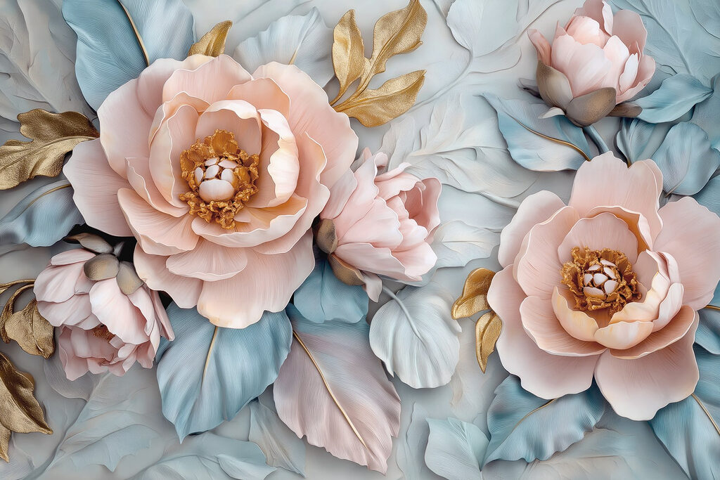 Flores rosas, hojas azules — diseño completo