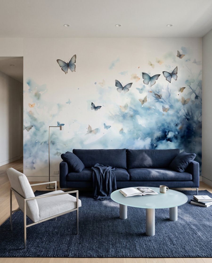 Mariposas en nubes azules en un interior