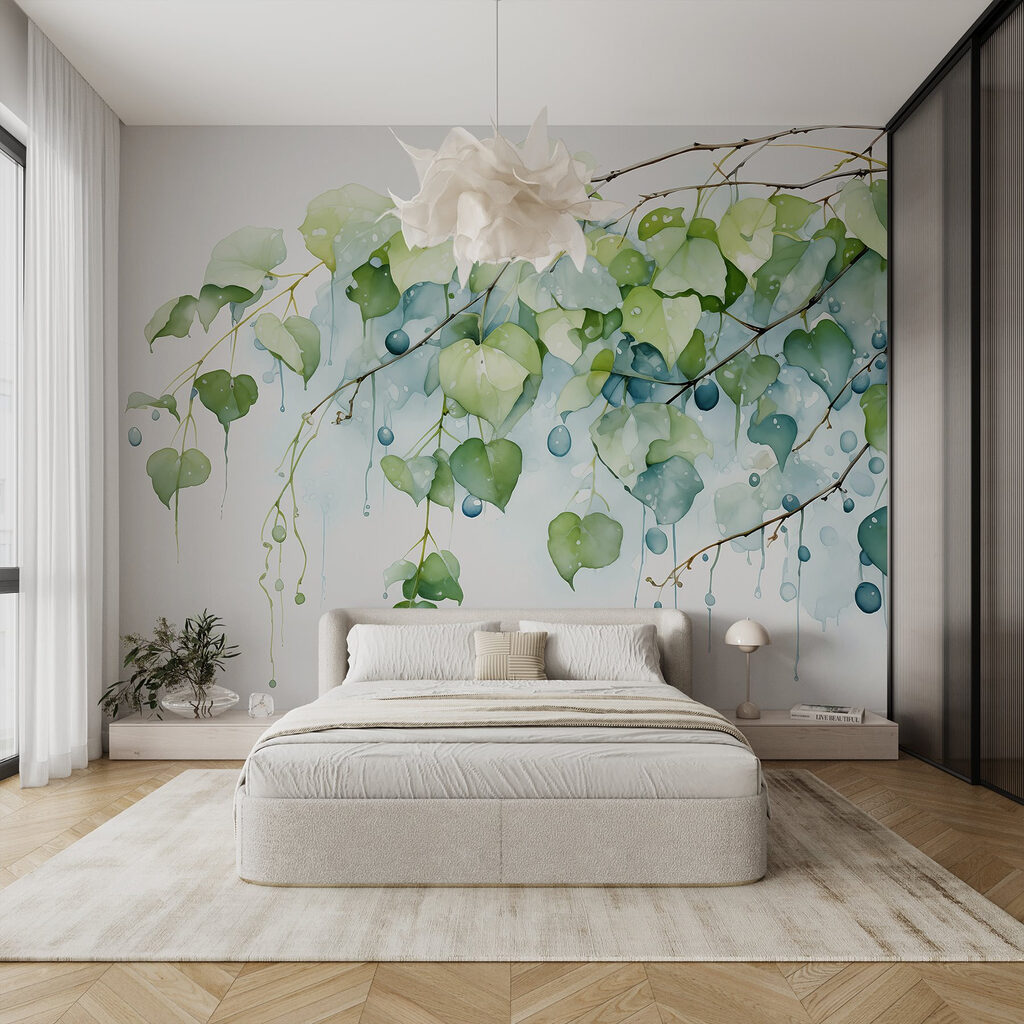 Hojas verdes con gotas en un interior