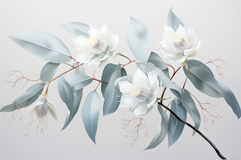 Flores blancas, hojas azuladas — diseño completo