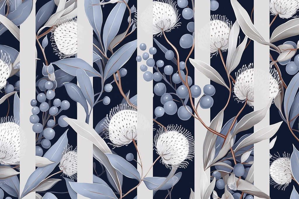 Flores blancas entre rayas — diseño completo