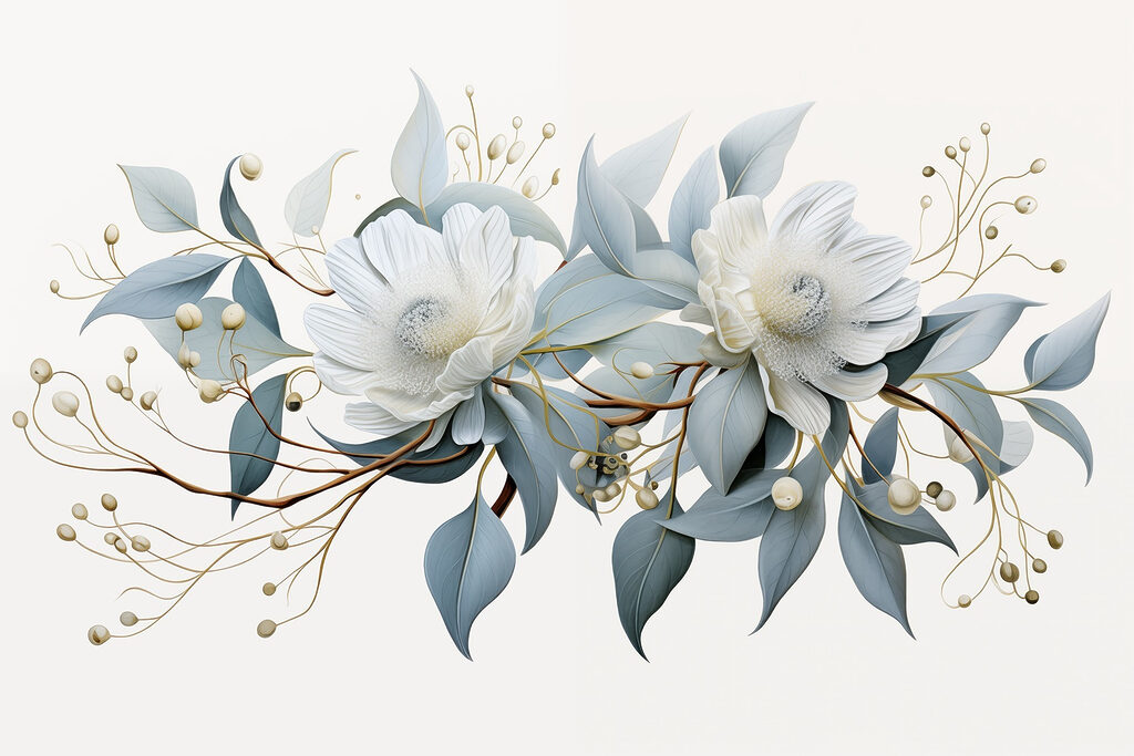 Flores blancas con bayas — diseño completo