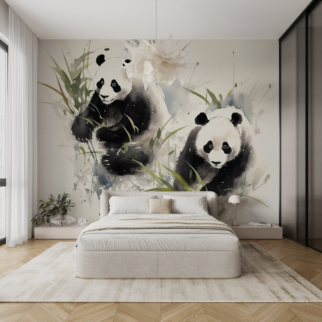 Dos pandas curiosos en un interior