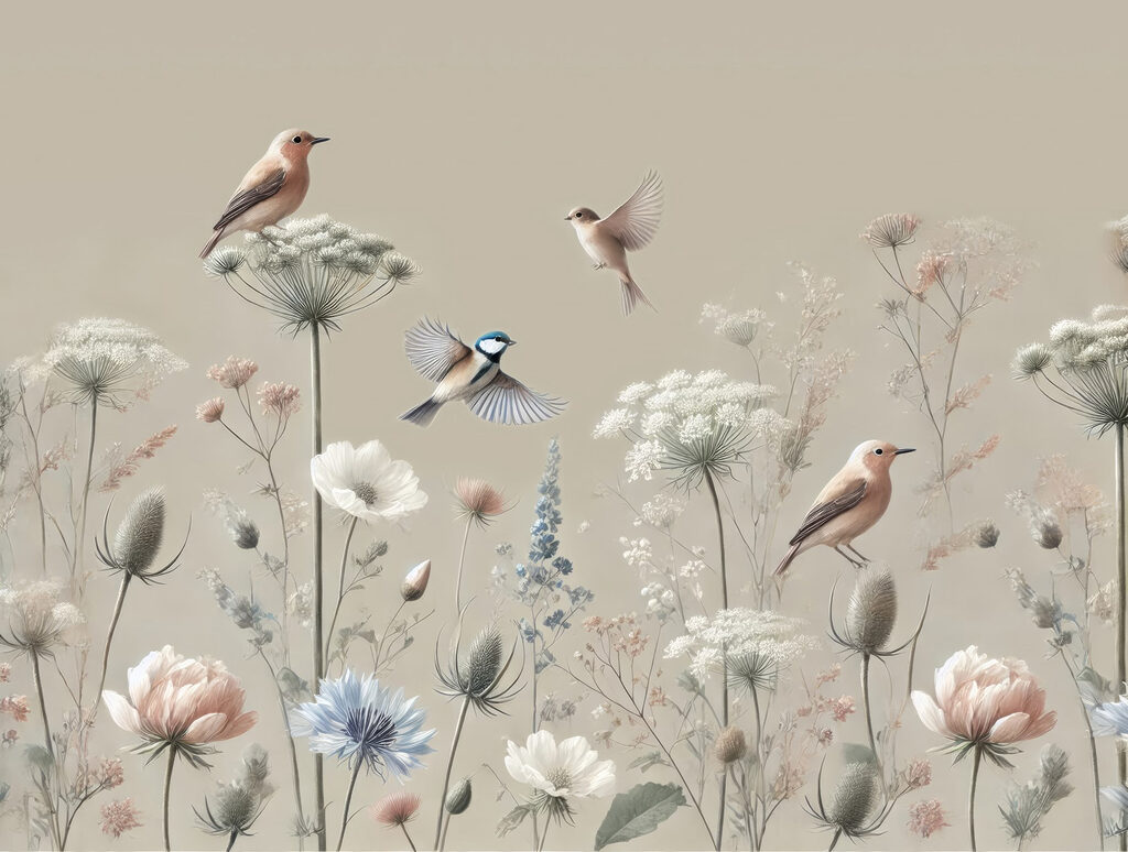 Pájaros en tallos finos — diseño completo