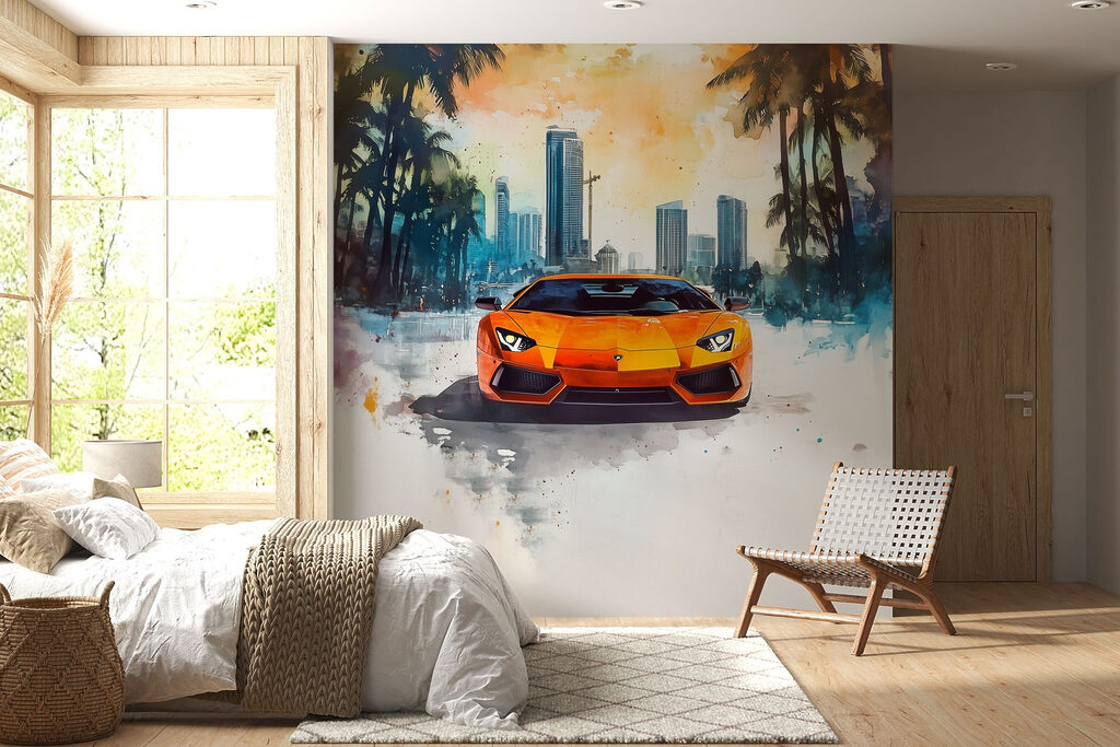 Coche deportivo naranja en un interior