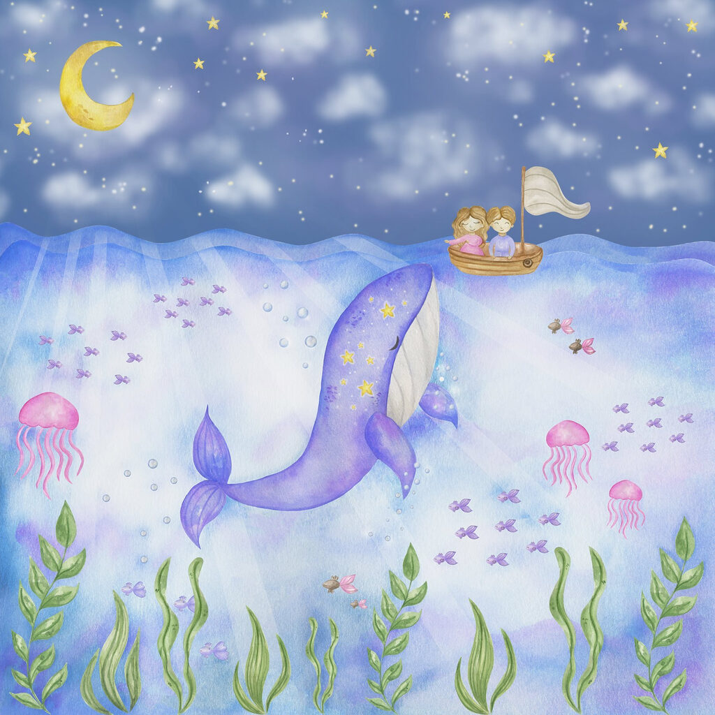 Ballena bajo la luna — diseño completo