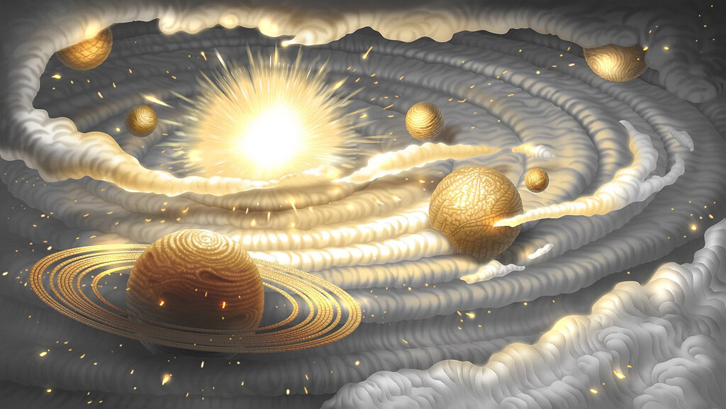 Planetas dorados entre nubes — diseño completo