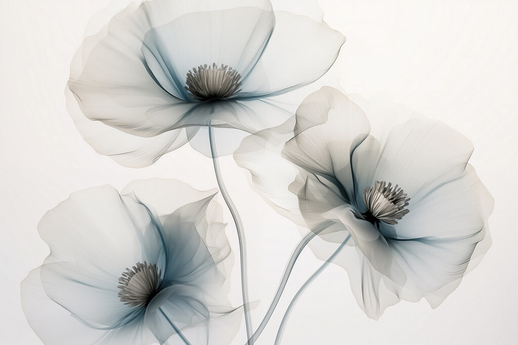 Flores translúcidas en gris — diseño completo