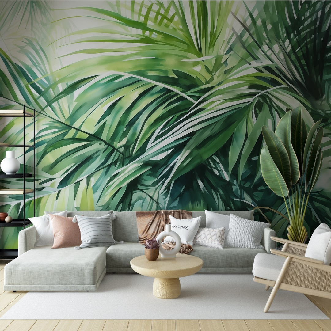 Hojas de palmera cruzadas en un interior
