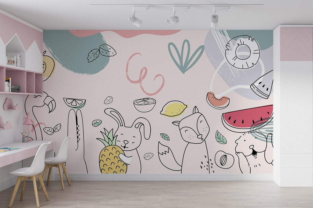 Frutas y animalitos en un interior