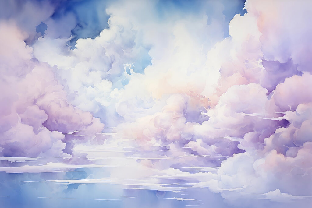 Nubes lilas sobre agua — diseño completo