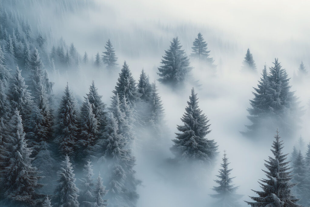 Copas nevadas sobre bruma — diseño completo