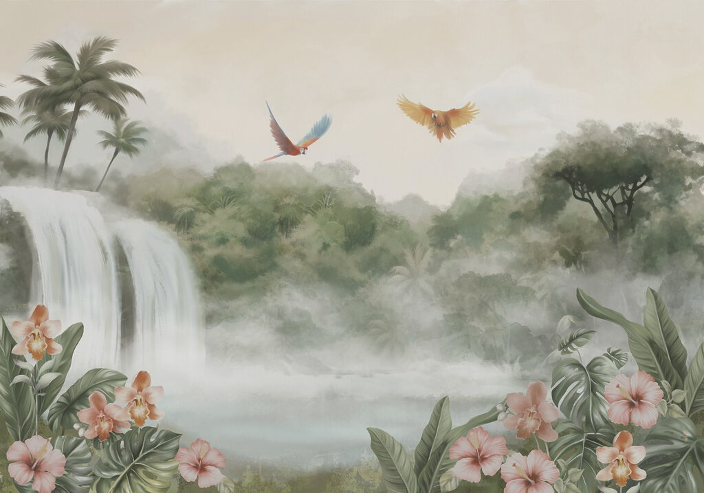 Cascada entre aves tropicales — diseño completo