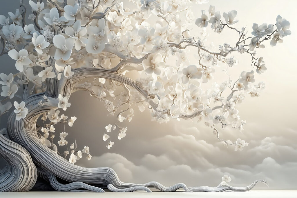 Árbol florido sobre olas — diseño completo