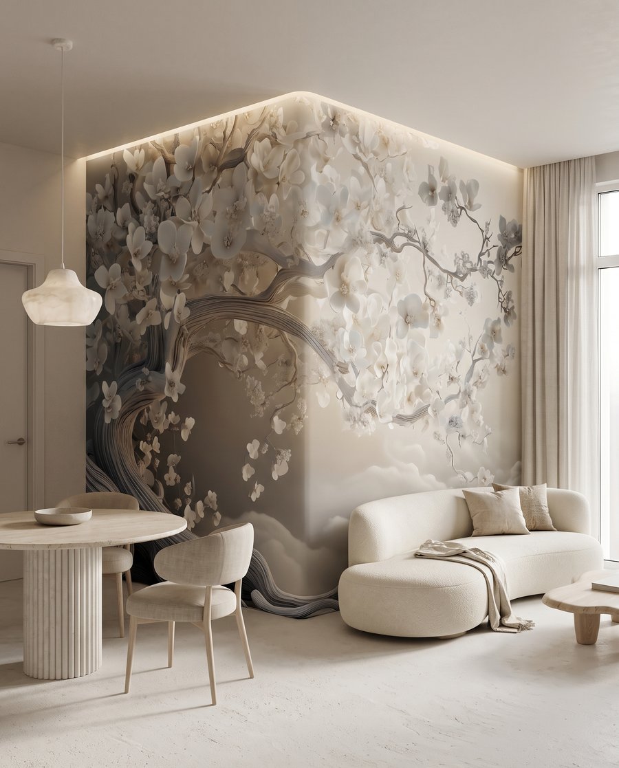 Árbol florido sobre olas en un interior