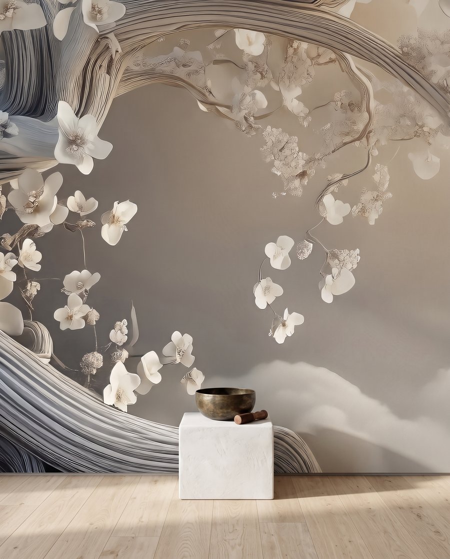 Árbol florido sobre olas — detalle