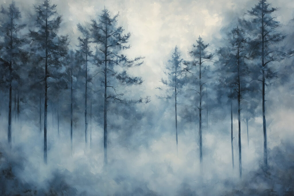Árboles altos entre niebla — diseño completo