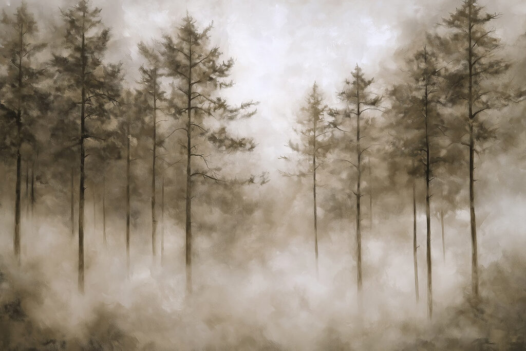Árboles altos entre niebla — diseño completo