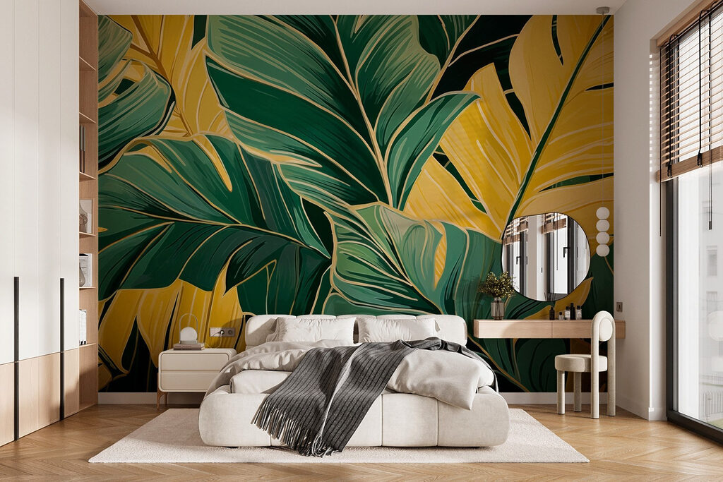 Hojas doradas sobre verde en un interior