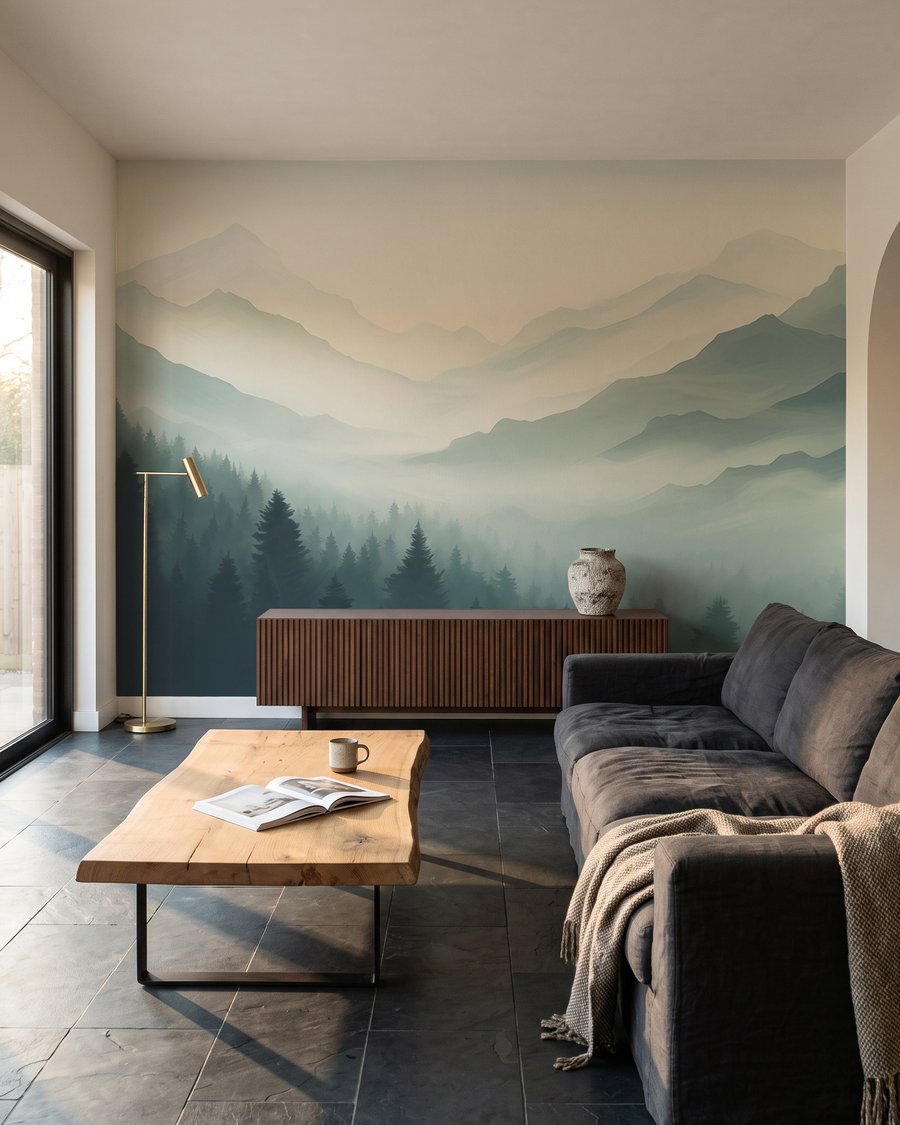 Pinos entre montañas en un interior