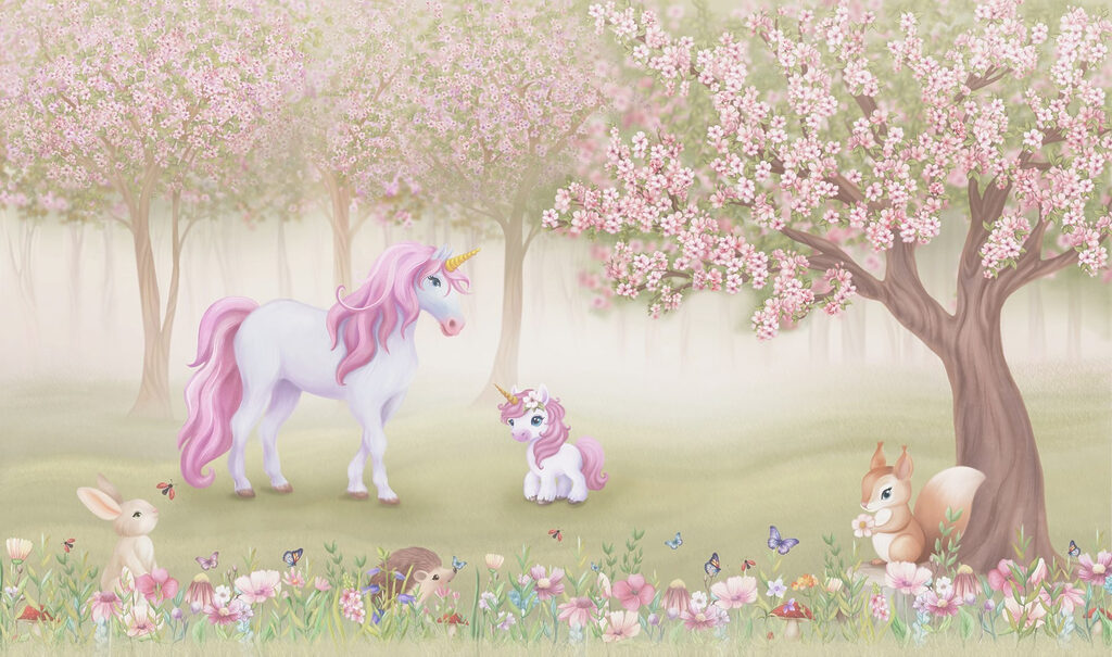 Unicornios bajo flores rosas — diseño completo