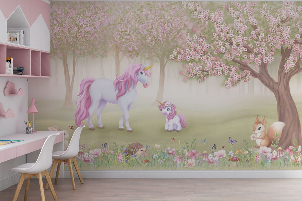 Unicornios bajo flores rosas en un interior