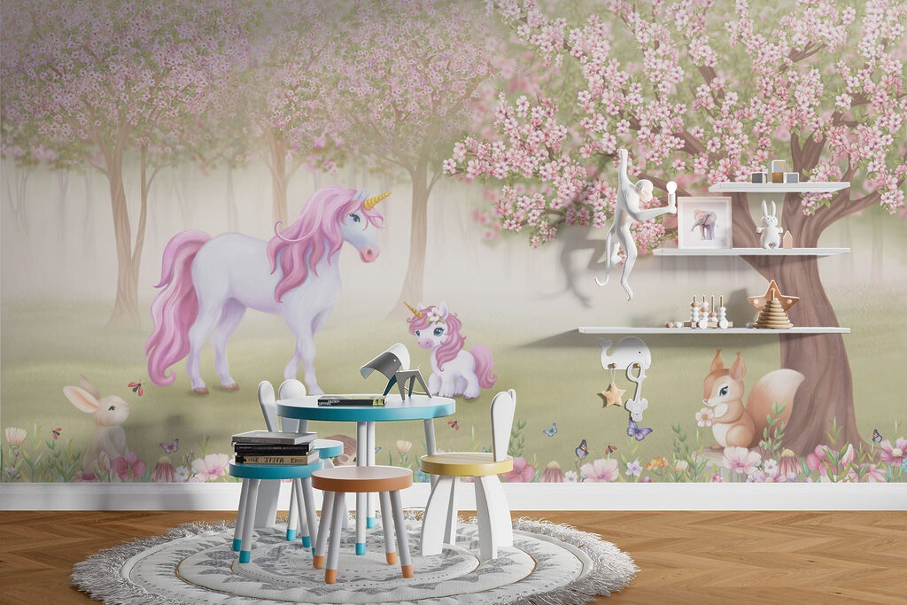 Unicornios bajo flores rosas — interior 3