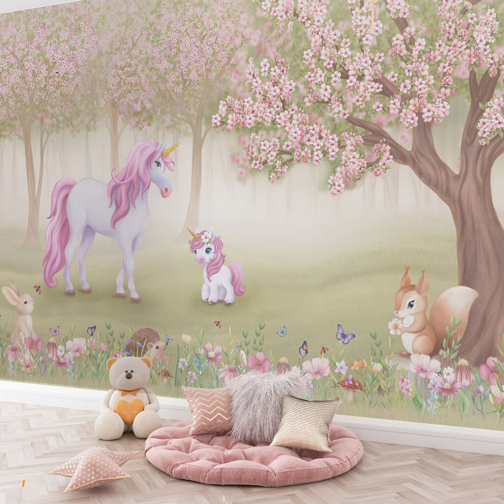 Unicornios bajo flores rosas — interior 4