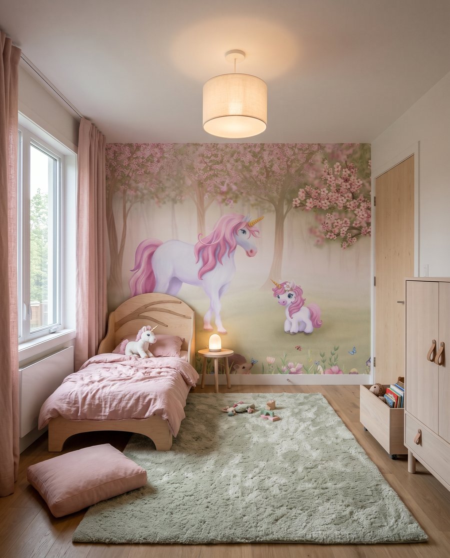 Unicornios bajo flores rosas en un interior