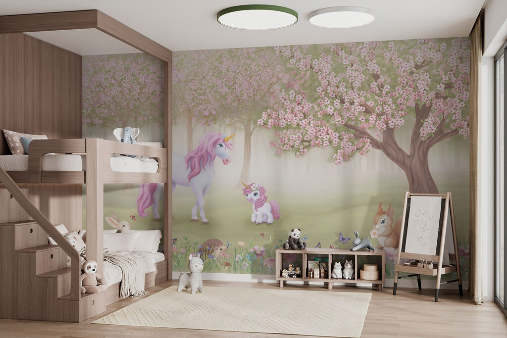 Unicornios bajo flores rosas — interior 5