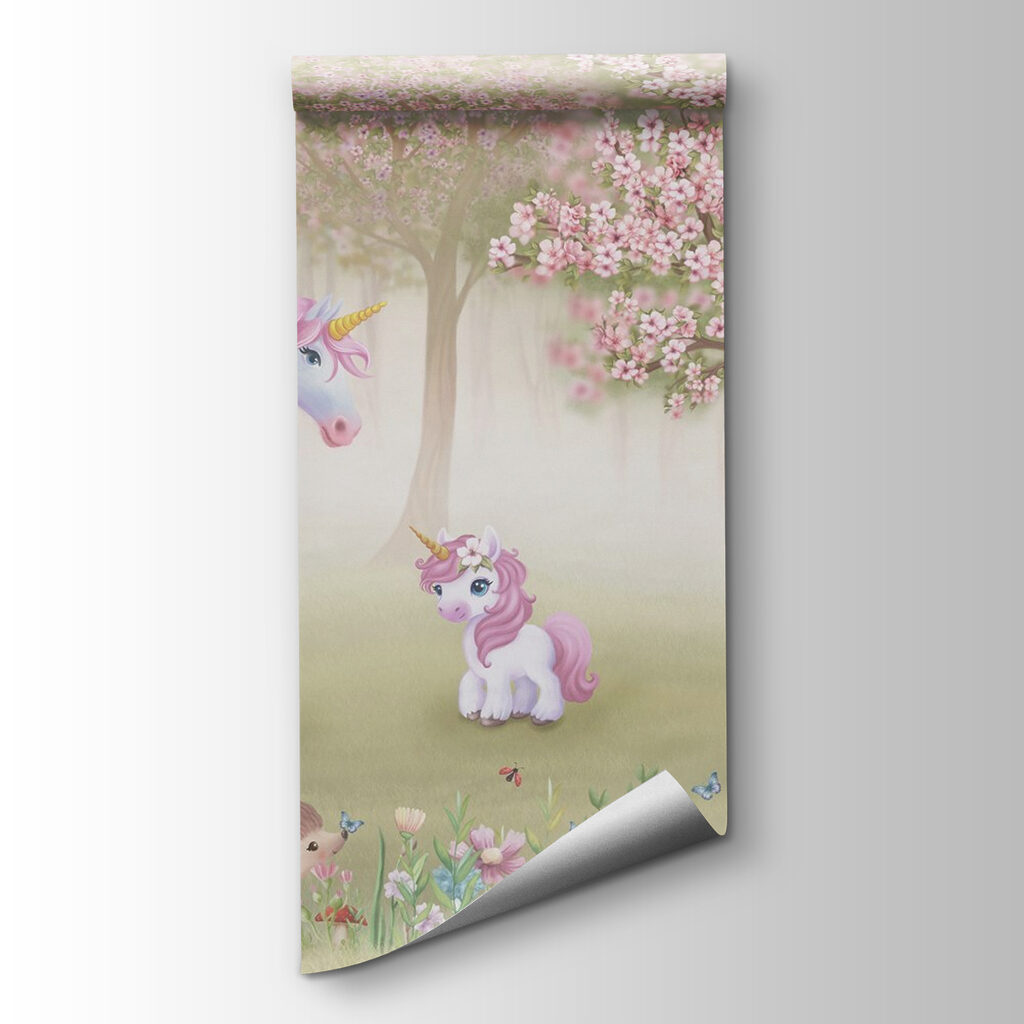 Unicornios bajo flores rosas — vista del producto