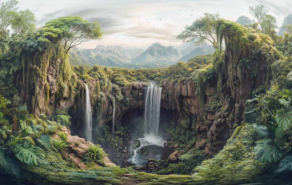 Cascada entre rocas boscosas — diseño completo