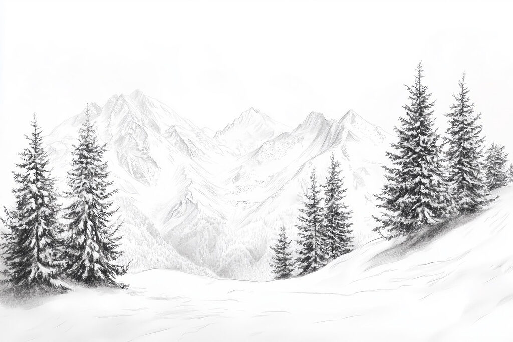 Pinos ante cumbres nevadas — diseño completo